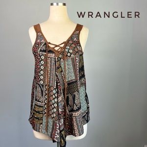 WRANGLER Small Handkerchief Hem Lightweight Brown and Blue Patchwork Tank Top